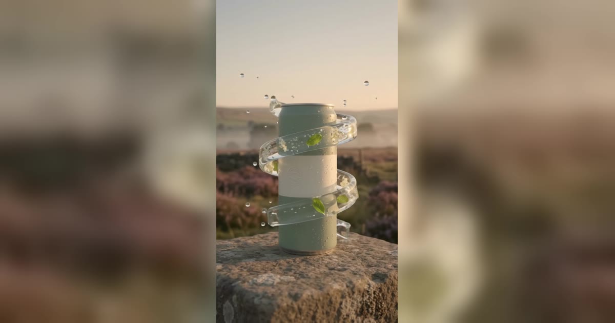 A sage green MOOR can on a stone plinth on the Yorkshire moors, wrapped in a spiral of water.