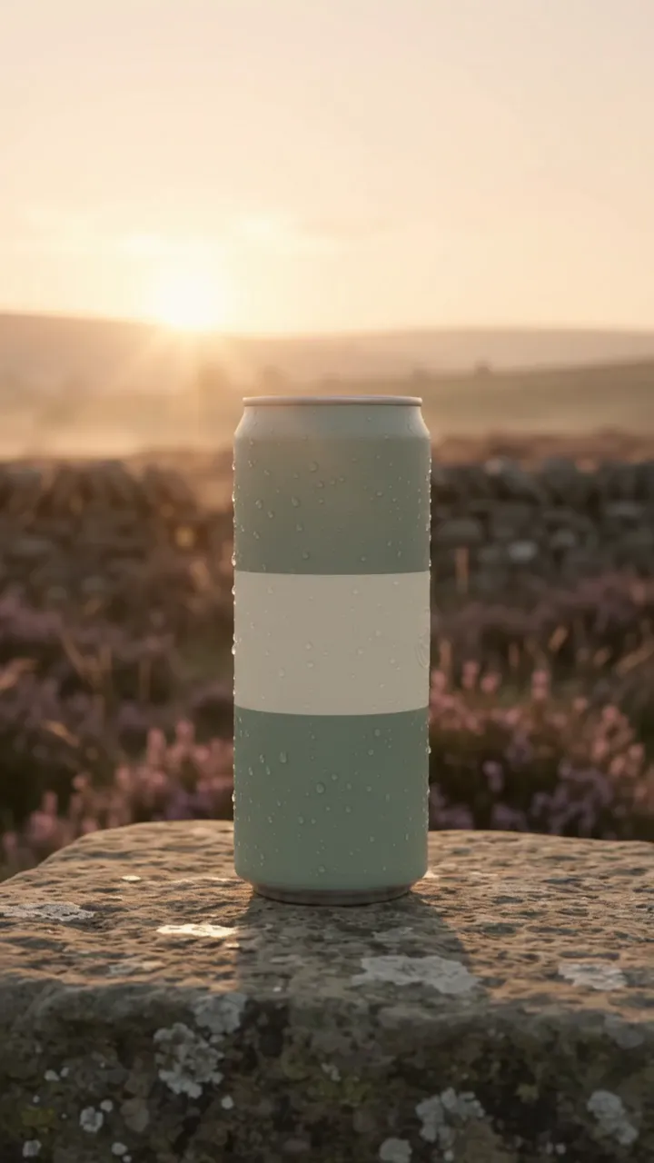 A sage green can on a lichen covered stone plinth on heather moorland at dawn.