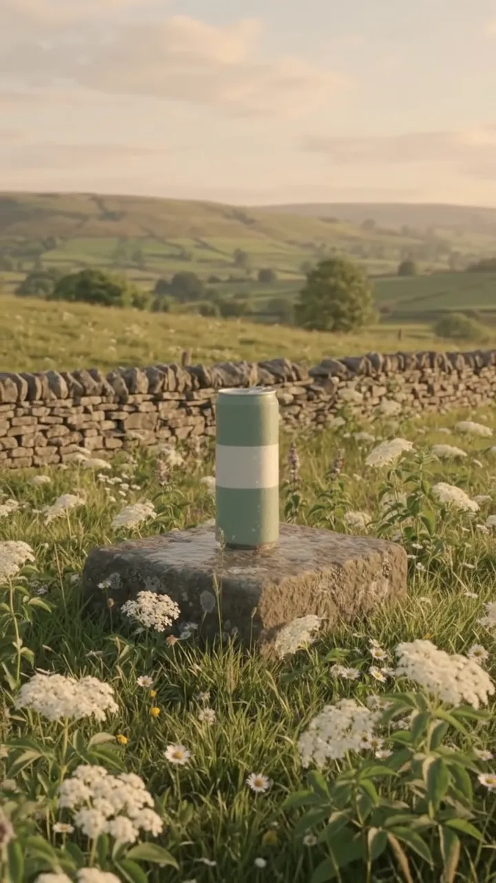 The can on its plinth in a meadow of elderflower with a dry stone wall and Dales hills behind.