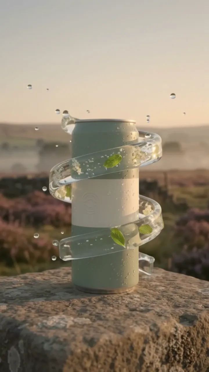 A ribbon of clear water carrying elderflowers and mint leaves spirals around the can.